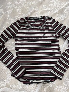 Derek Heart Striped Ribbed Long Sleeve Top in Black, White & Burgundy